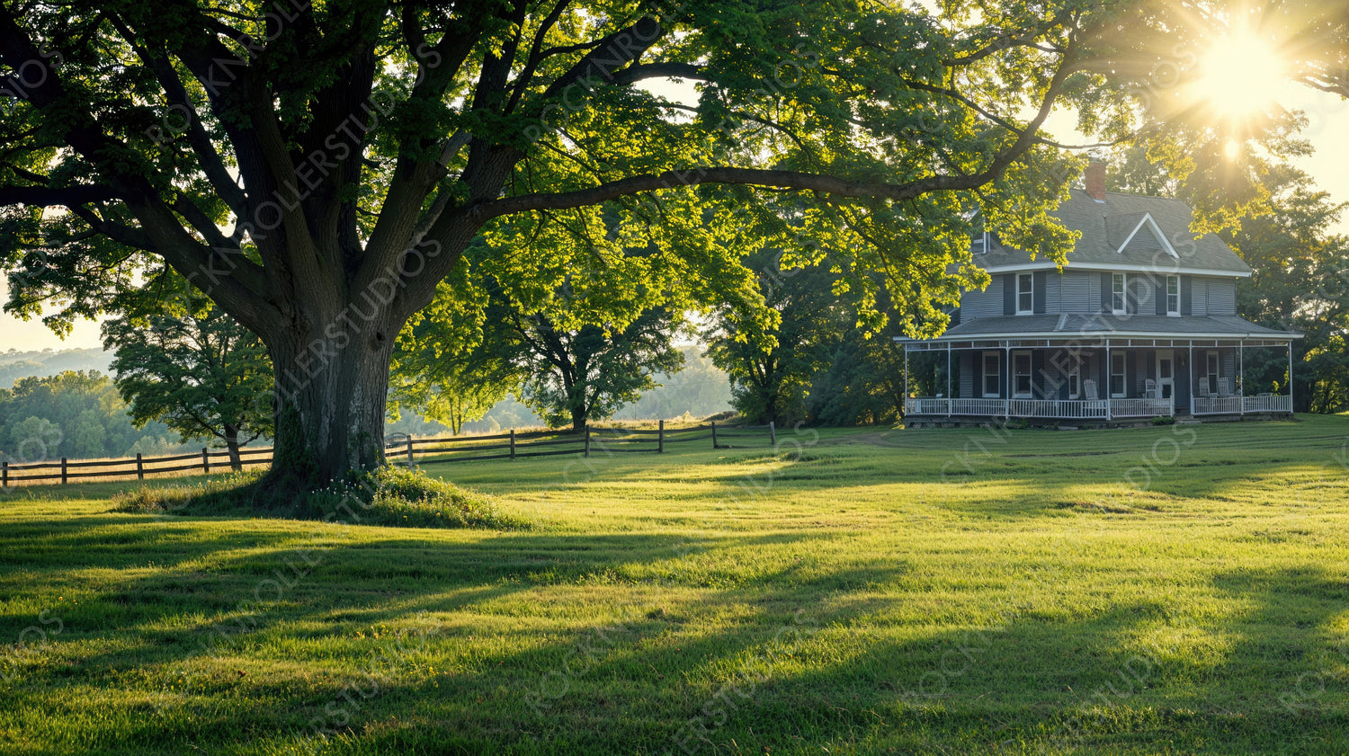 Charming Countryside House with Majestic Tree and Sunlit Lawn