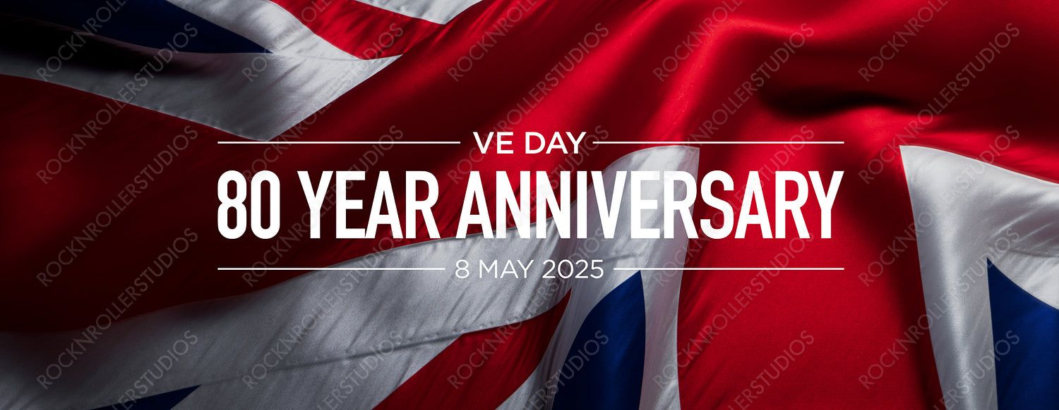 Commemorative VE Day 80th Anniversary Image with UK Flag and Elegant Text Overlay - May 8, 2025