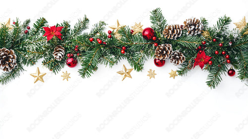 Festive Christmas Pine Cones and Ornaments with Golden Stars and Red Berries