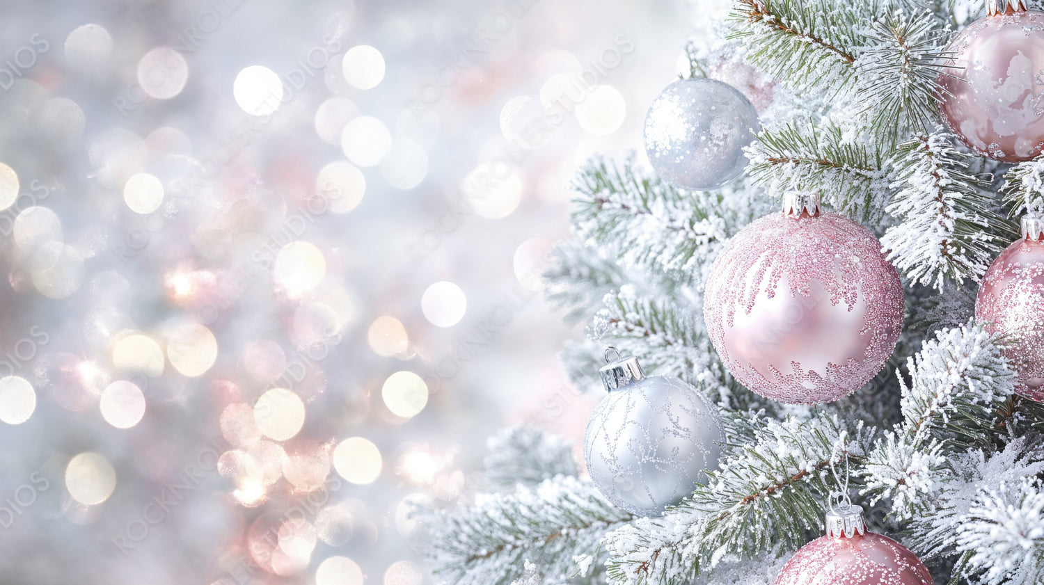 Beautifully decorated snow-dusted Christmas tree with delicate pastel ornaments and lights