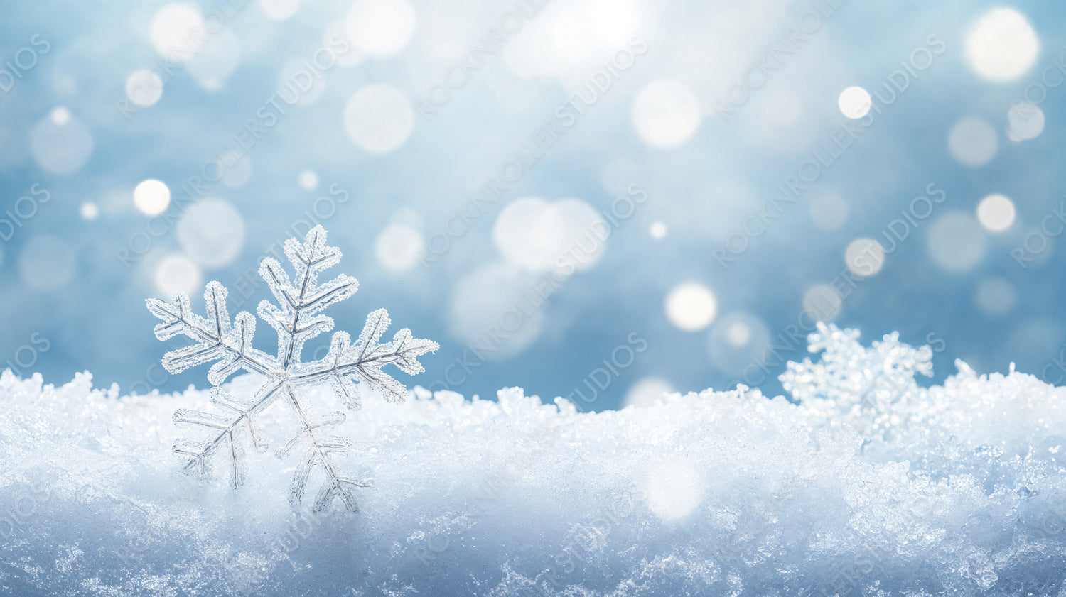 Beautiful Silver Snowflake Resting on Soft Snow with Sparkling Winter Background