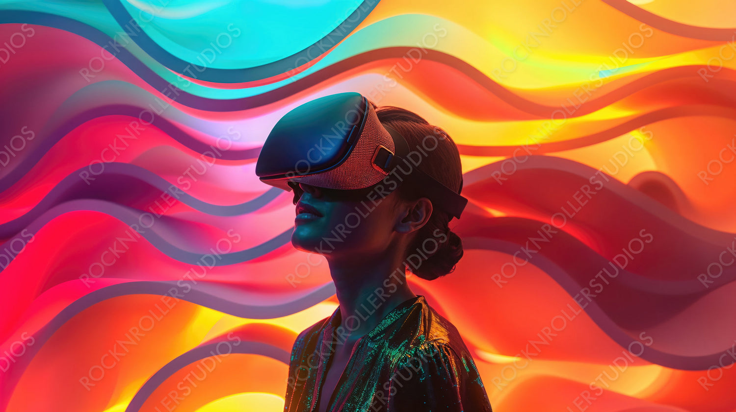 Woman experiencing virtual reality with vibrant abstract background