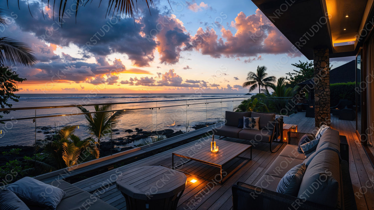 Beautiful Sunset View from Oceanfront Deck with Cozy Seating