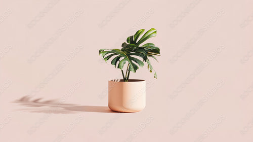 Potted Tropical Plant with Shadows on a Soft Pink Background