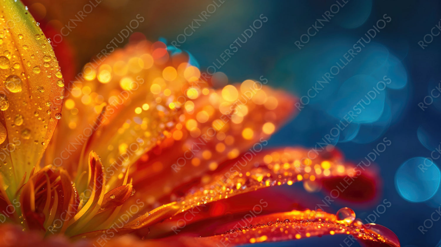 Close-up of Vibrant Flower Petals with Dewdrops and Bokeh