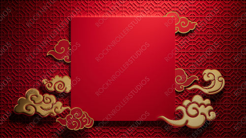 Lunar New Year Template with Square Frame and Clouds on 3D Patterned Background. Red Eastern design with copy-space.