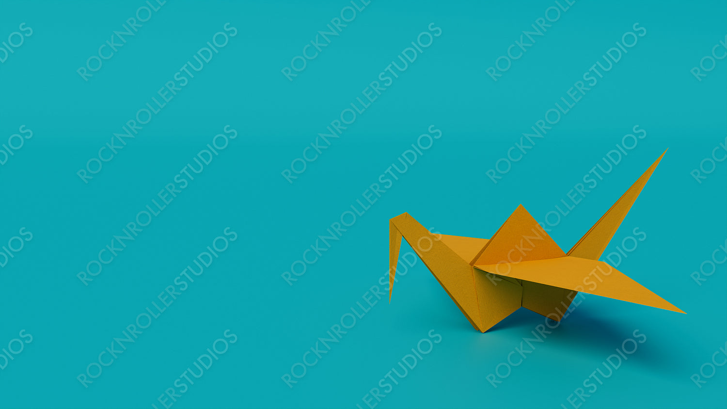 Yellow Origami Bird. Clean Design with Turquoise Background and Copy Space.