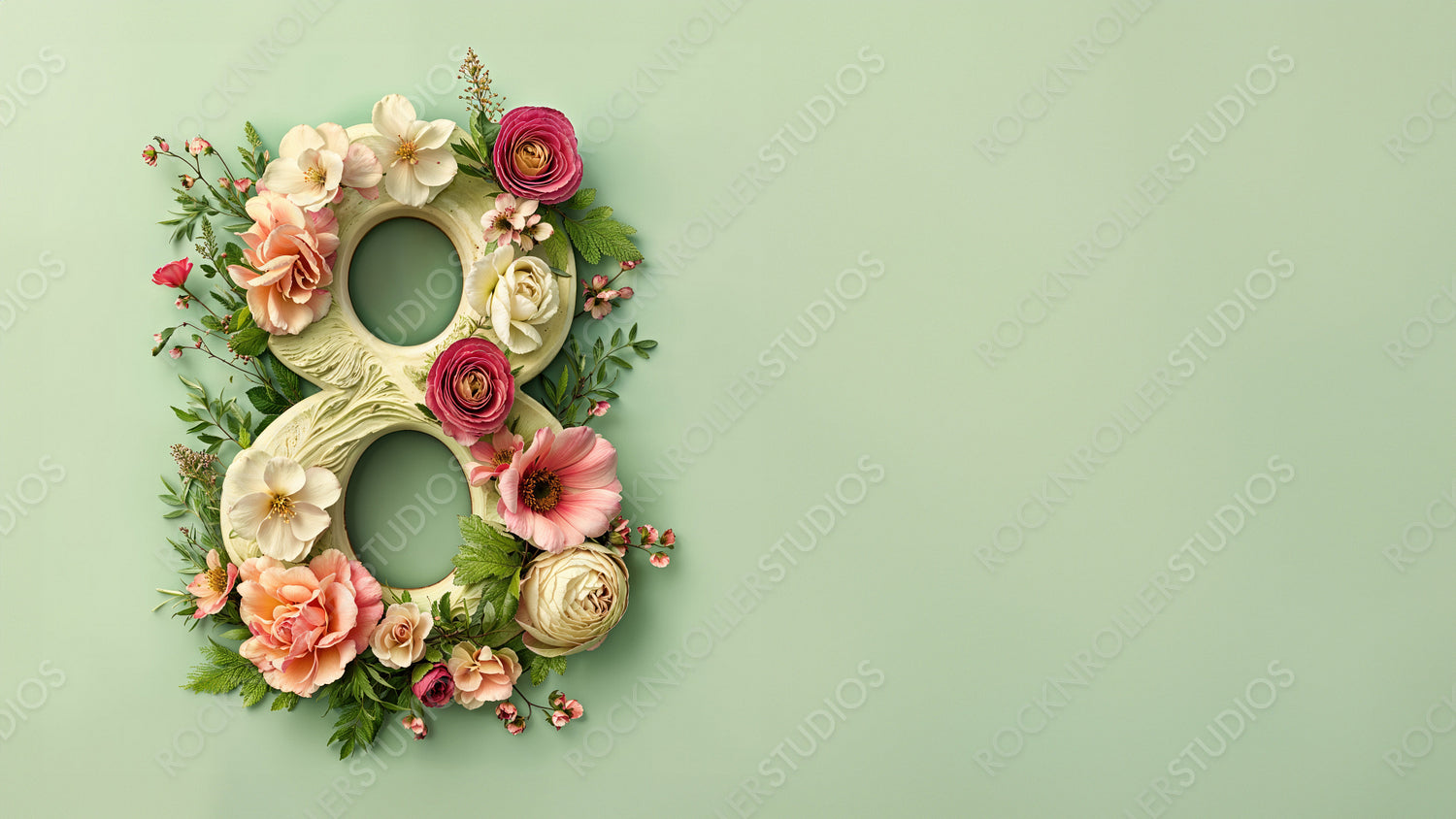 Number 8 in a Green Floral Design. Beautiful Botanical Background with Flowers and copy-space, to Celebrate International Woman's Day.