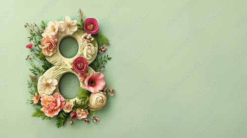 Number 8 in a Green Floral Design. Beautiful Botanical Background with Flowers and copy-space, to Celebrate International Woman's Day.