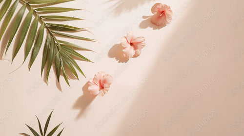 Tropical Palm Leaves with Pink Hibiscus Flowers in Soft Lighting