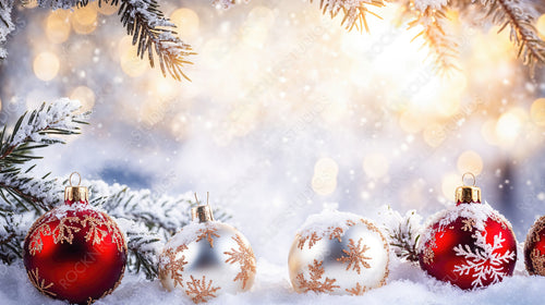 Snow-Covered Christmas Ornaments in the Snow with a Pine Tree and Sparkling Lights