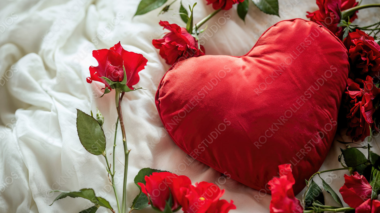 Romantic Escape: Heart-Shaped Pillow & Red Roses on White Fabric - Perfect for Valentine's & Anniversaries