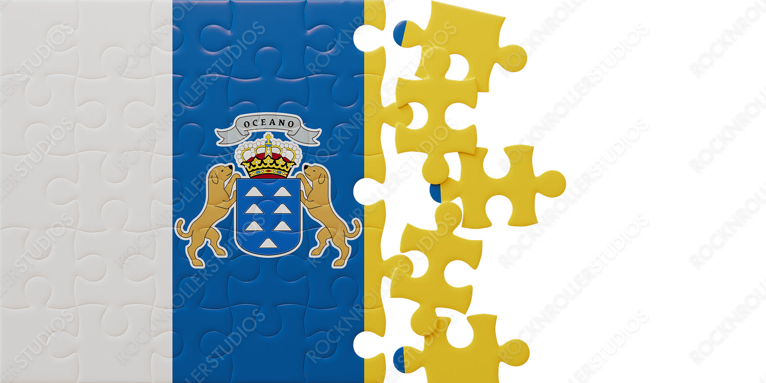 Creative Puzzle Concept: Canary Islands Flag with Colorful Interlocking Pieces and Coat of Arms