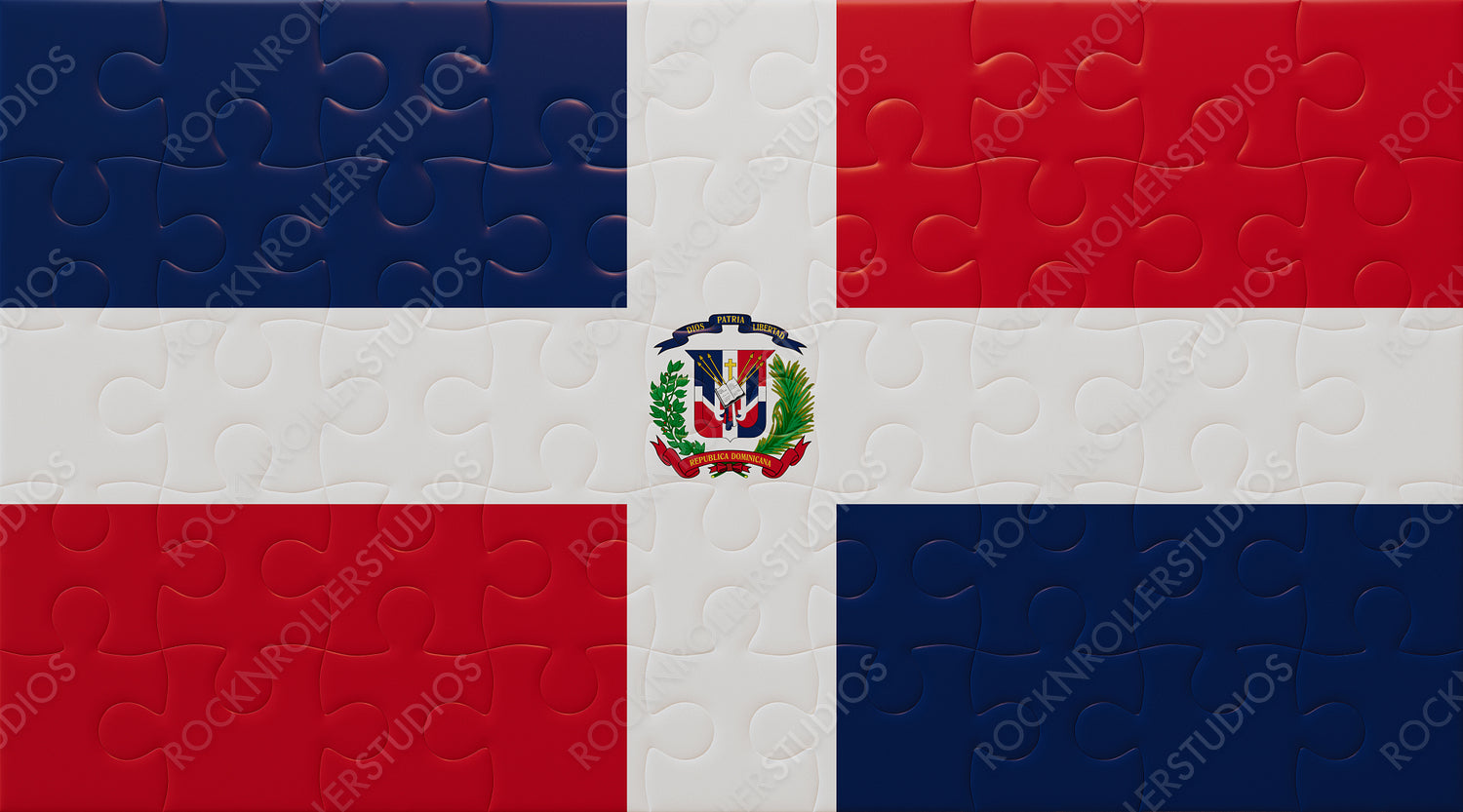 Patriotic Puzzle: Dominican Republic Flag in Jigsaw Pieces with National Emblem