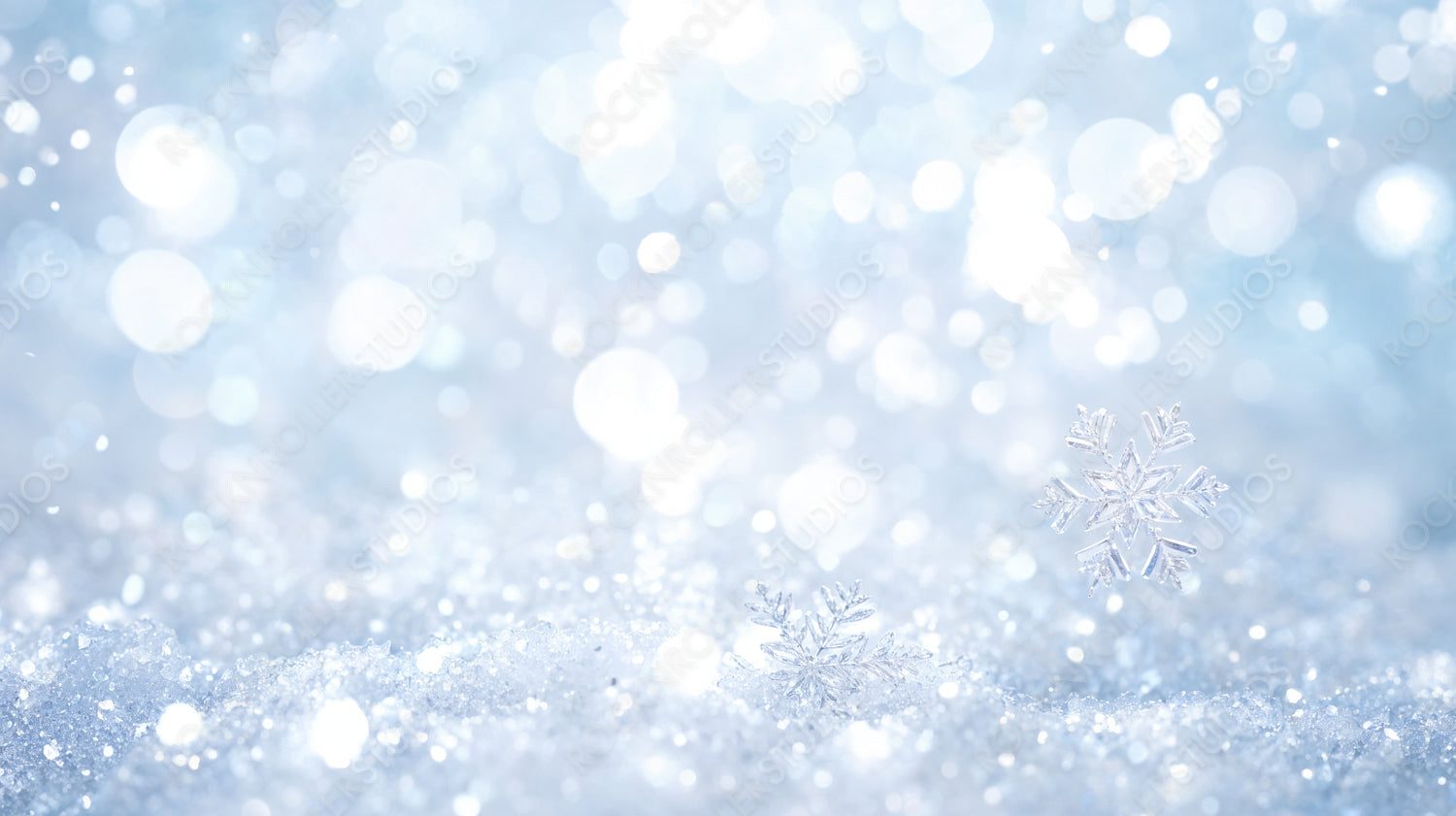 Frosty Tree Branches with Glowing Snowflakes and Winter Bokeh Background