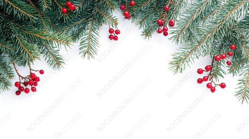 Simple holiday background with fresh evergreen branches and vibrant red holly berries