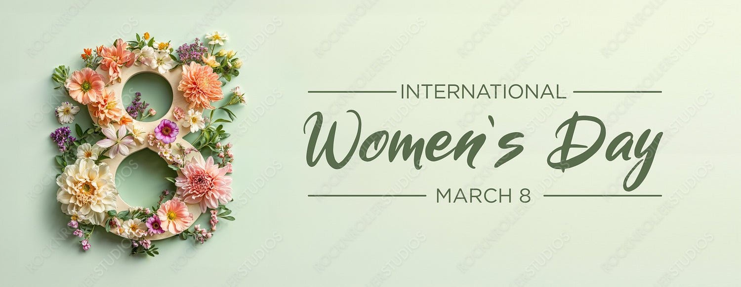 Premium Botanical Banner to Celebrate International Woman's Day. Green Floral Design with Number 8, Flowers and Caption.