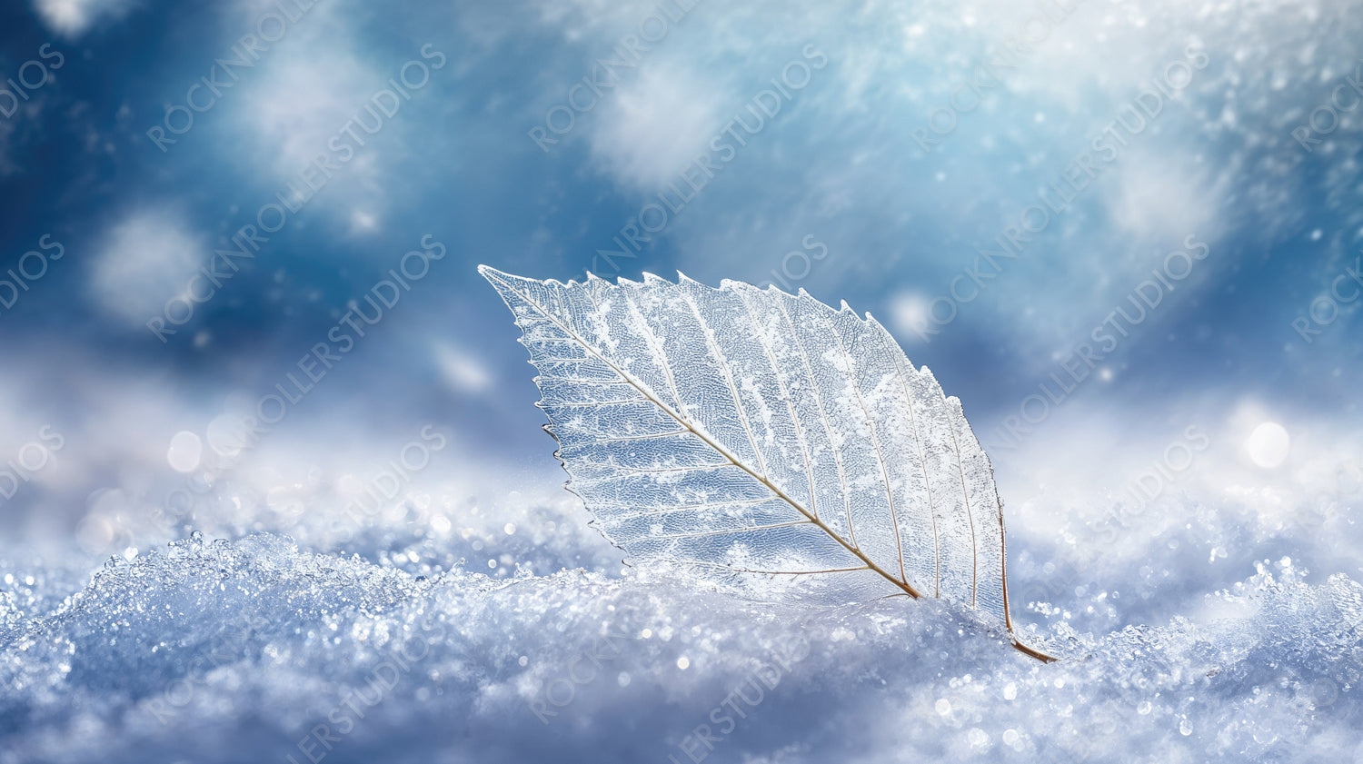 Single Frozen Leaf in Frosty Snow-Covered Landscape with Winter Blue Sky