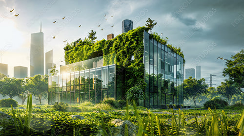 Urban Oasis: Eco-Friendly Glass Building Amidst Lush Greenery and City Skyline