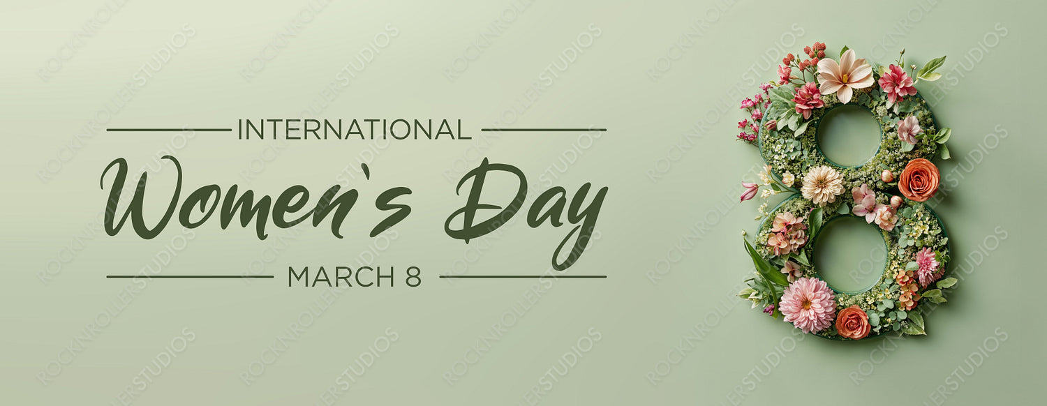 Botanical Design to Celebrate International Woman's Day. Elegant Green Floral Banner with Number 8, Flowers and Caption.