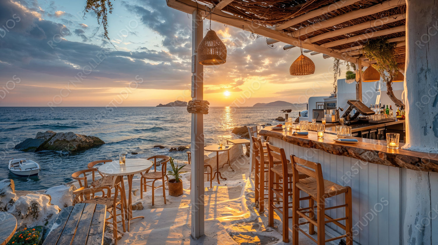 Charming Beachfront Bar at Sunset with Ocean View