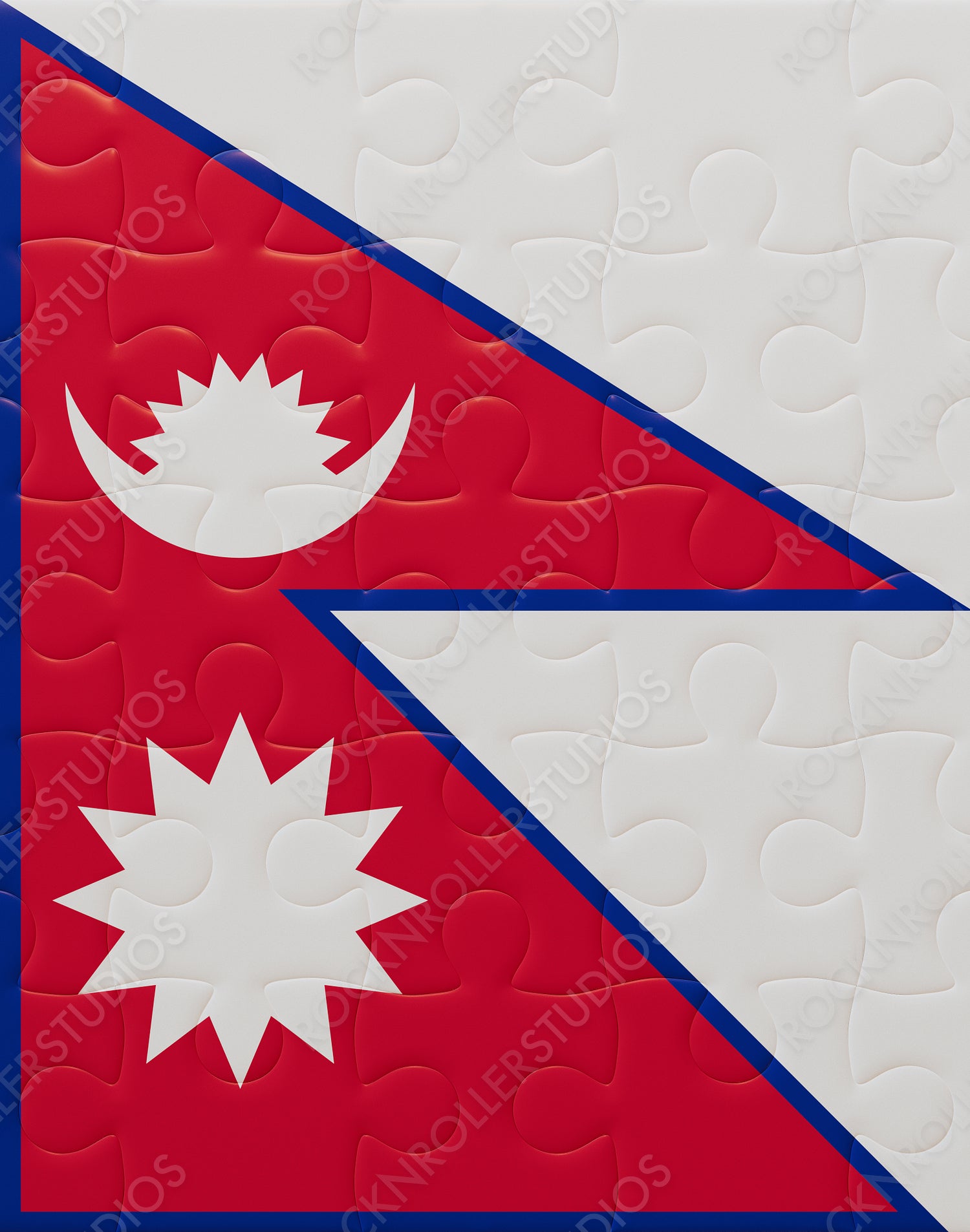 Creative Jigsaw Puzzle Art of Nepal's Unique Flag with Stylized Sun and Moon