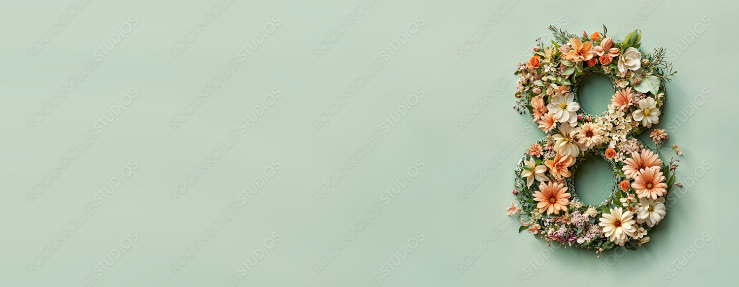 Beautiful Botanical Banner to Celebrate International Woman's Day. Green Floral Design with Number 8, Flowers and Caption.