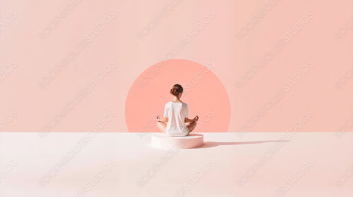 Serene Meditation Scene with Woman in Minimalist Pink Space