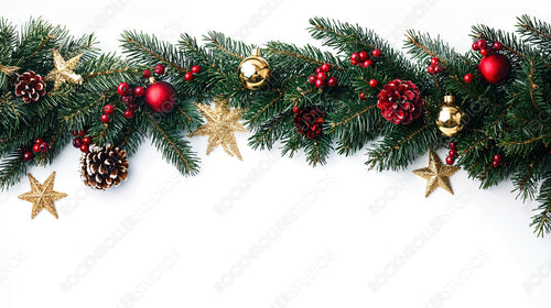 Christmas Pine Decorations with Red Ornaments and Gold Stars Against a White Background