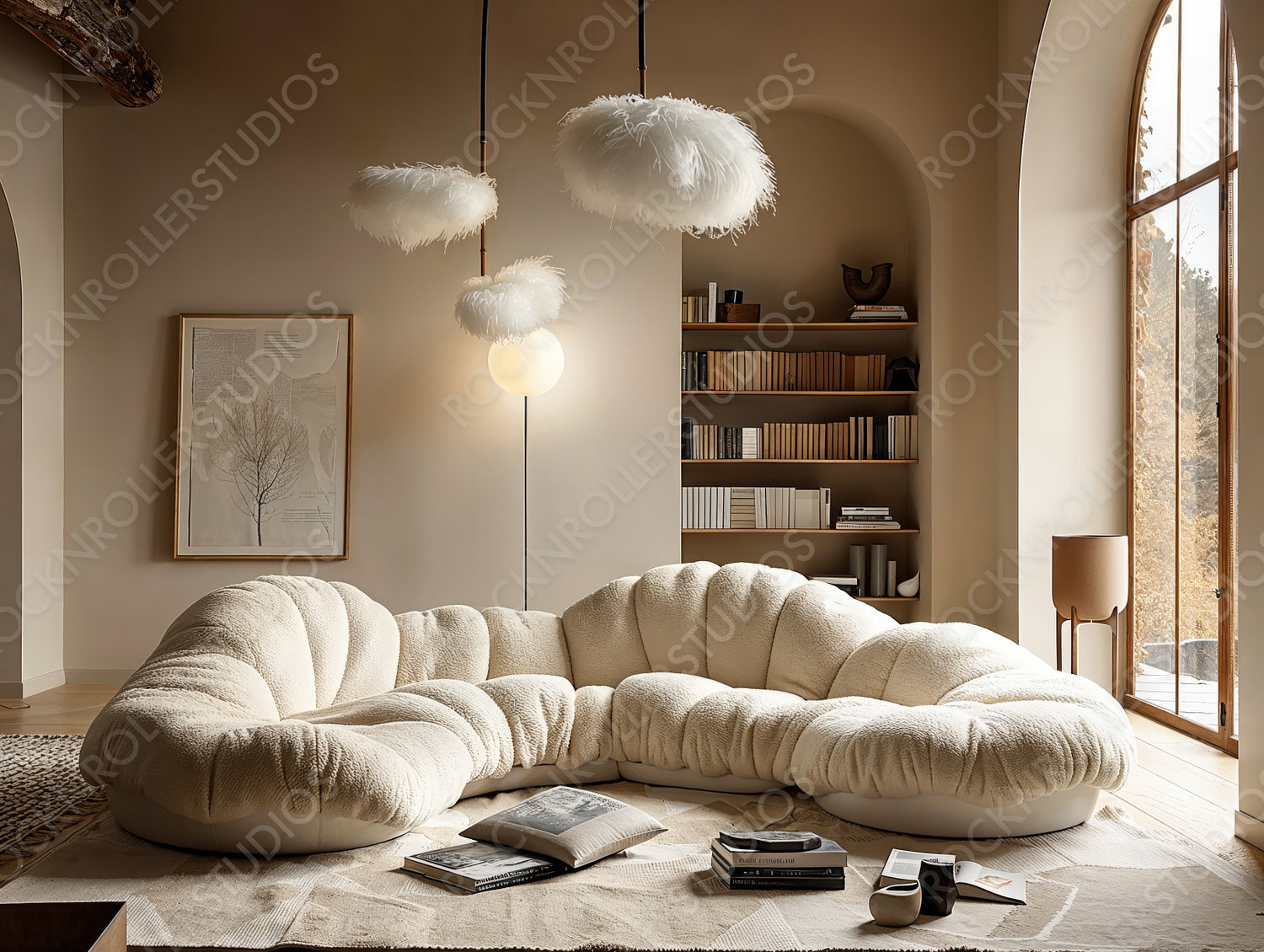 Chic and Cozy Living Room Oasis with Plush Sofa and Autumn Forest View