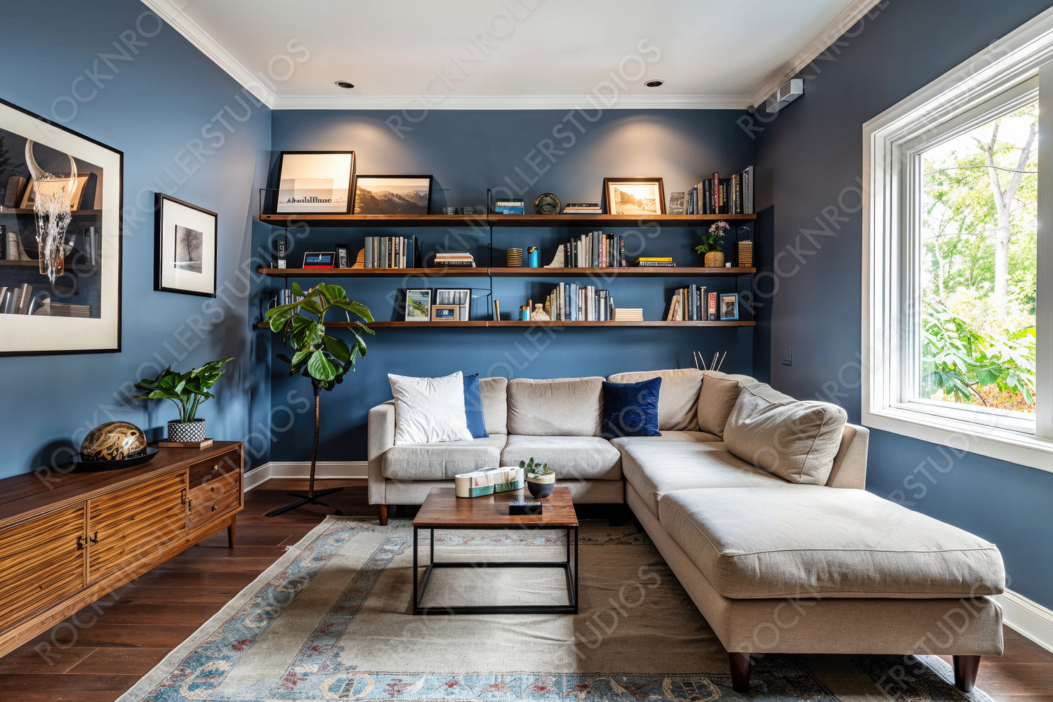 Chic Modern Living Room with Blue Walls and Cozy Beige Sofa, Featuring Stylish Bookshelves and Natural Accents