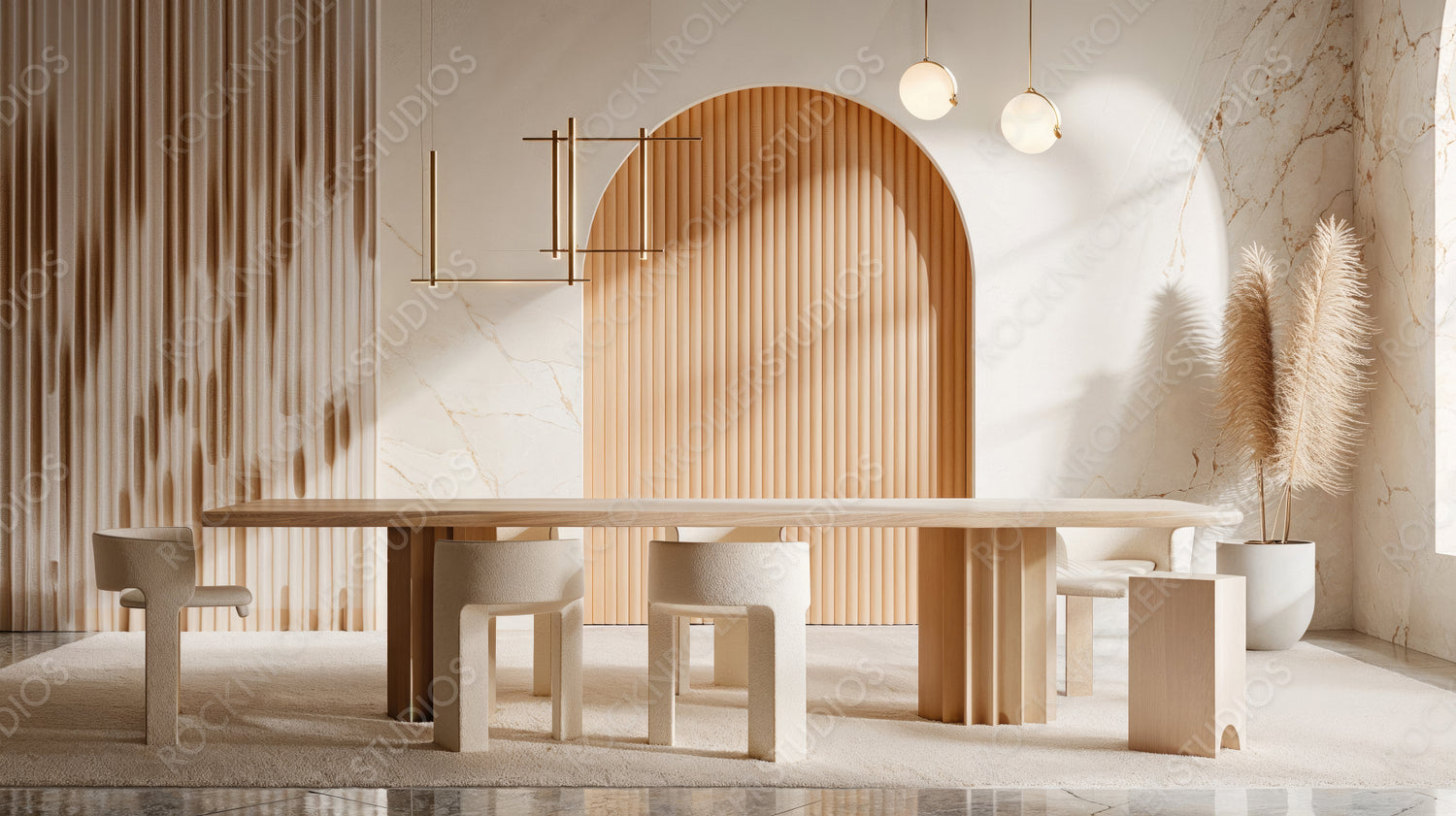 Modern minimalist dining room with elegant decor and soft lighting