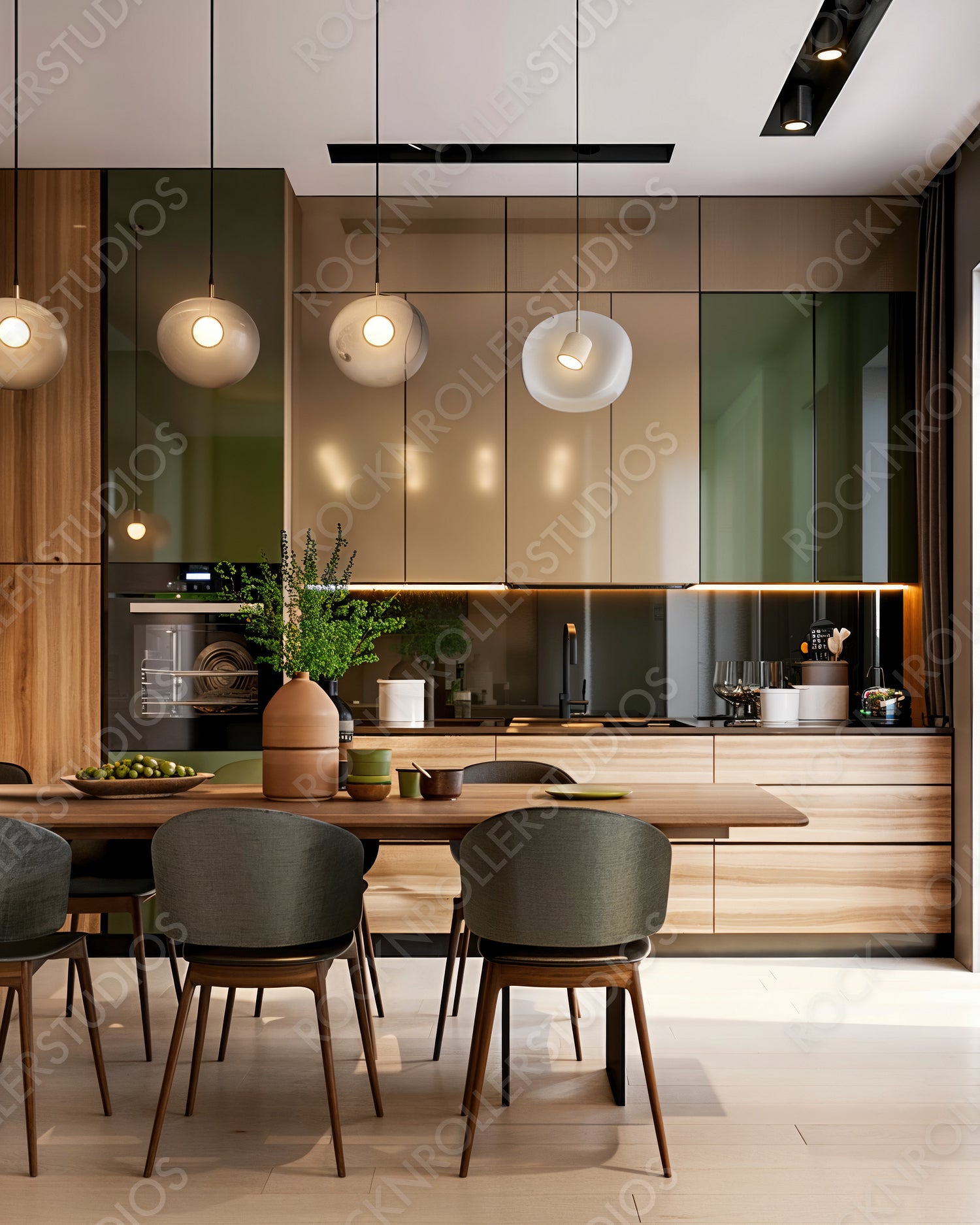 Chic Modern Kitchen and Dining Space with Wood Finishes and Elegant Glass Details