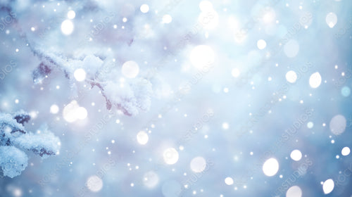 Frosty Tree Branches with Glowing Snowflakes and Winter Bokeh Background