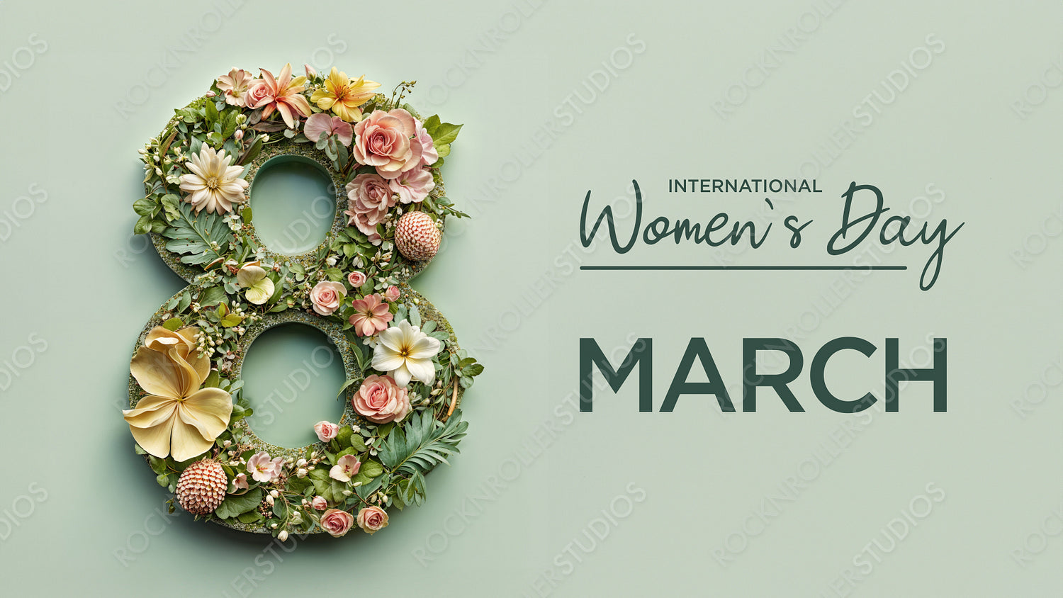 Number 8 in a Green Floral Design. Premium Botanical Wallpaper with Flowers and Caption, to Celebrate International Woman's Day.