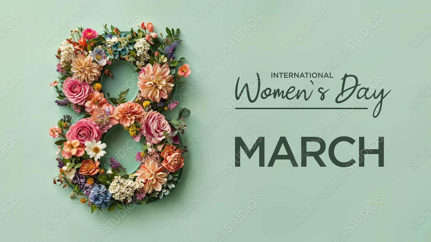 Number 8 in a Green Floral Design. Elegant Botanical Wallpaper with Flowers and Caption, to Celebrate International Woman's Day.