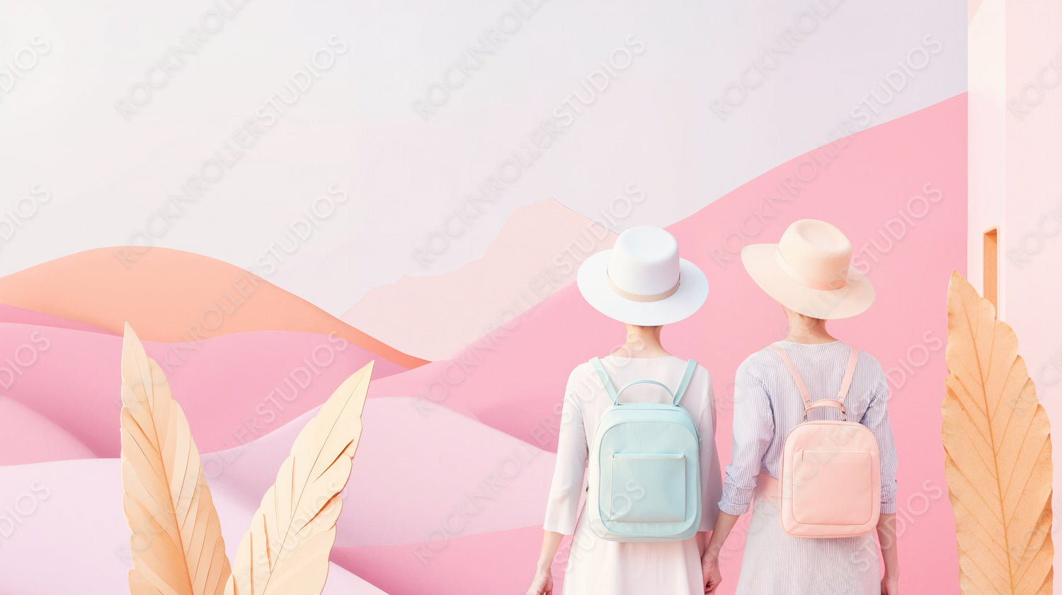 Stylish Summer Escape: Two Women with Chic Hats Against Pastel Hills