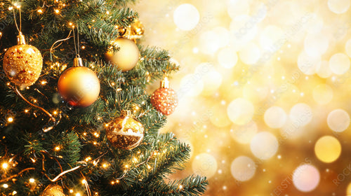 Golden Christmas Tree Ornaments and Sparkling Lights Against a Warm Holiday Background