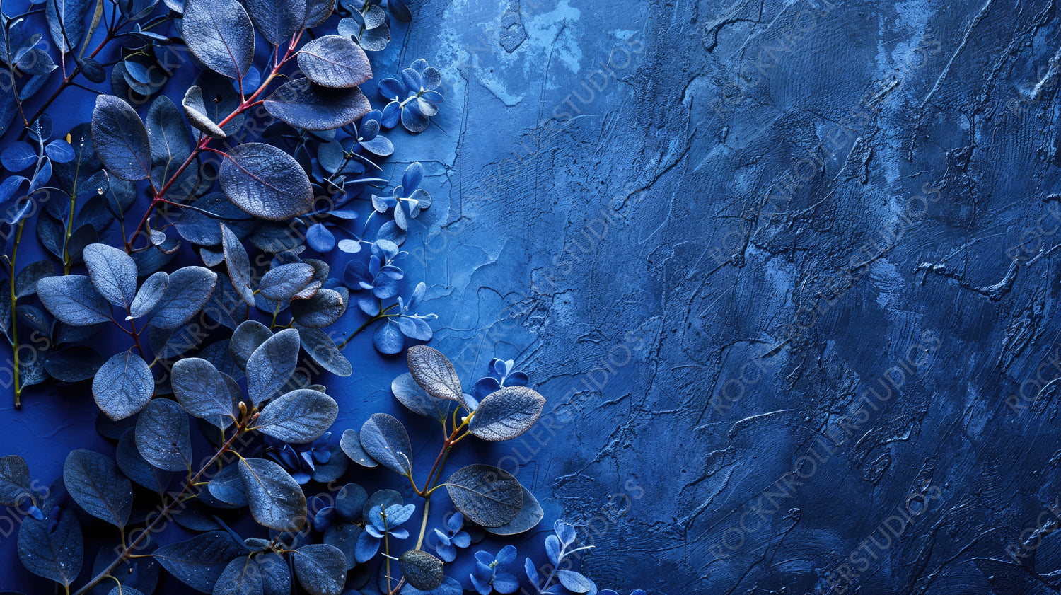 Ornamental Blue Leaves on Textured Blue Background