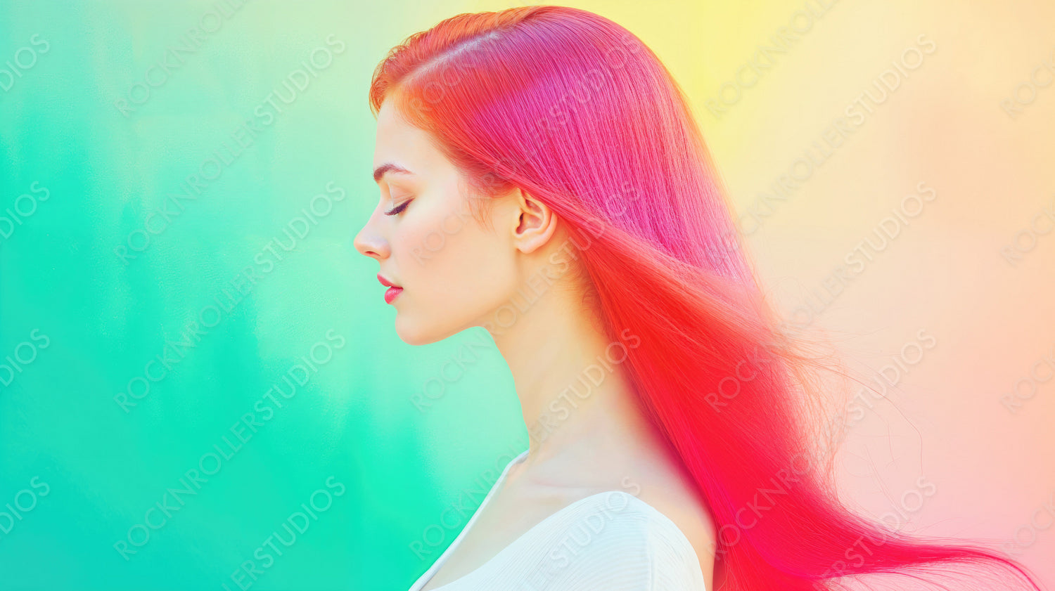 Dreamy Gradient: Serene Woman with Vibrant Ombre Hair