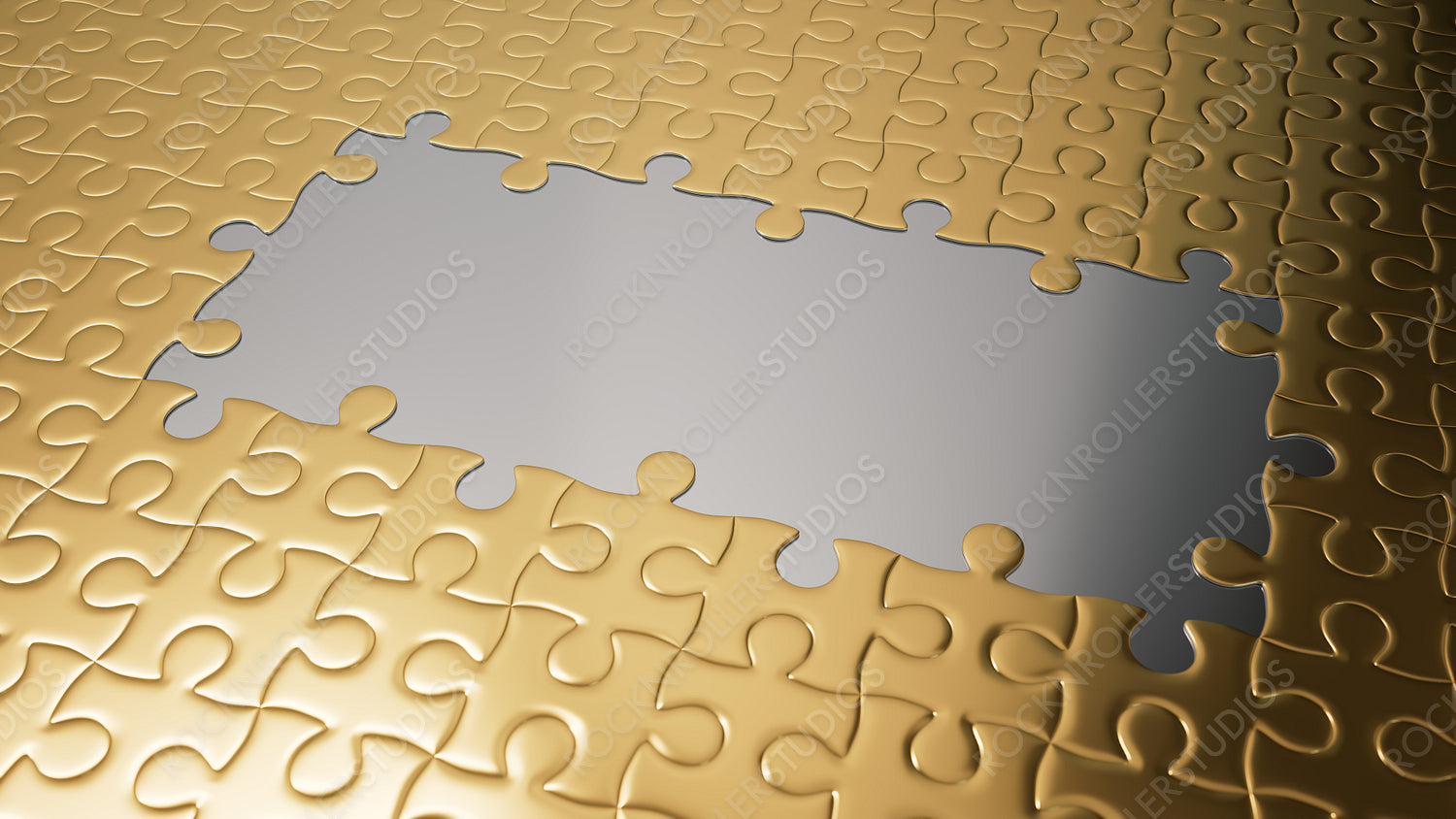 Golden Jigsaw Puzzle with Missing Center Piece on Sleek Silver Background