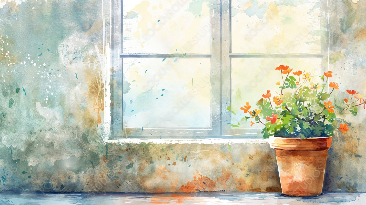 Tranquil Window Scene with Potted Flowers in Watercolor Style