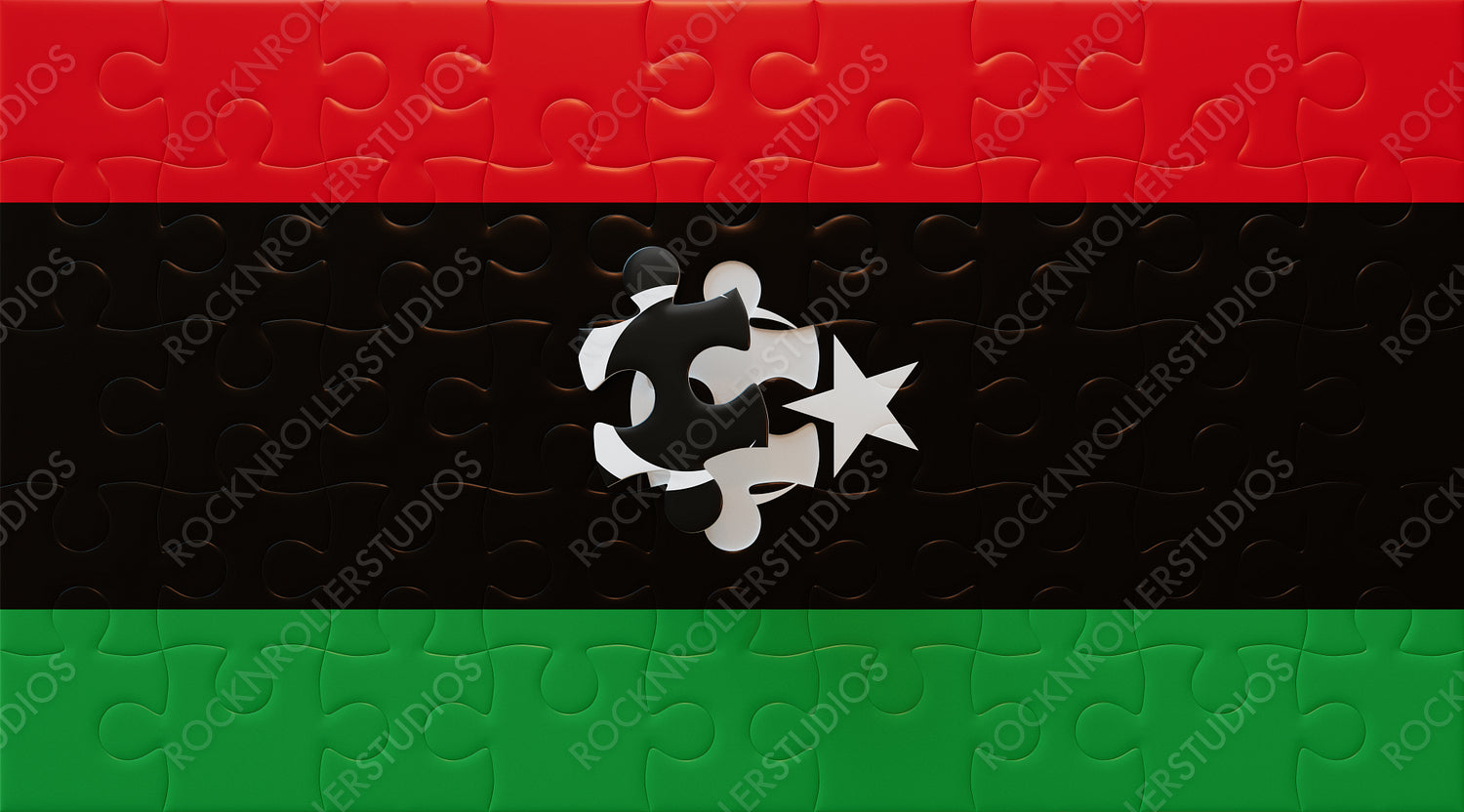 Unity in Pieces: Libya Flag Puzzle with Final Piece Slotted, Featuring Crescent & Star