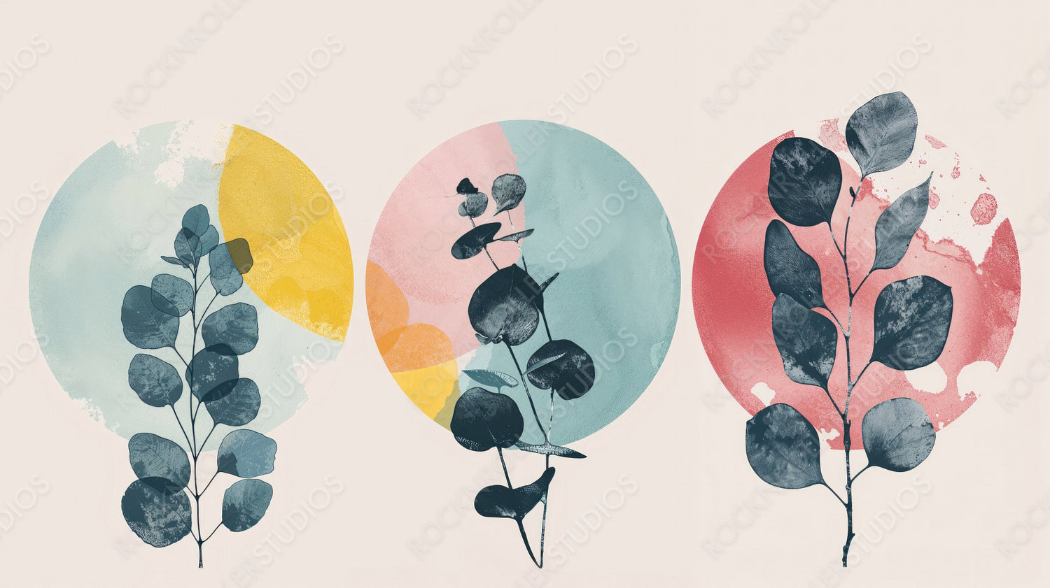 Artistic composition of three plants with colorful abstract circles as background