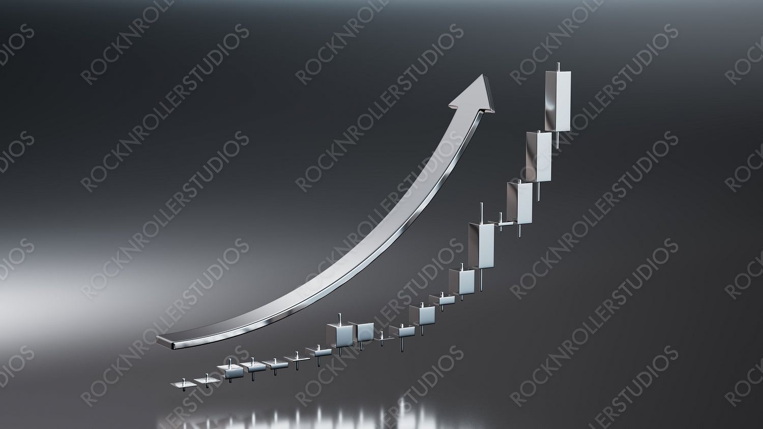 Dynamic 3D Financial Growth Chart with Rising Silver Arrow - Modern Investment Success Visualization