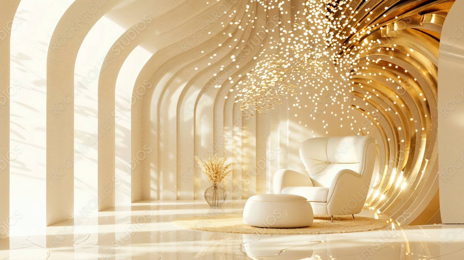 Luxurious Golden Interior with Modern White Chair