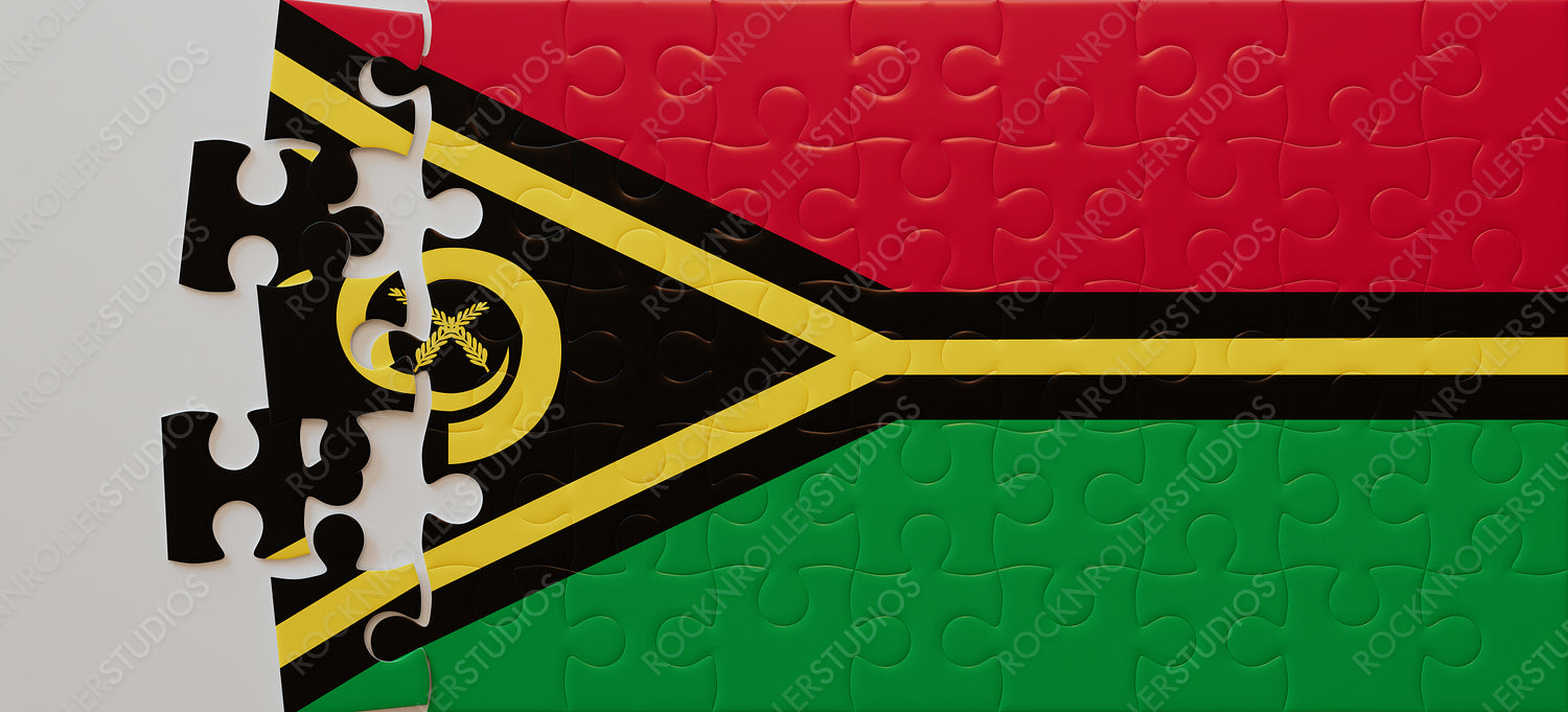 Piece Together Vanuatu: Vibrant Jigsaw Puzzle of National Flag with Emblematic Boar's Tusk and Namele Leaves