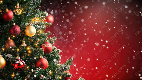 Classic Christmas Tree with Red Ornaments and Golden Lights against Red Snowy Backdrop