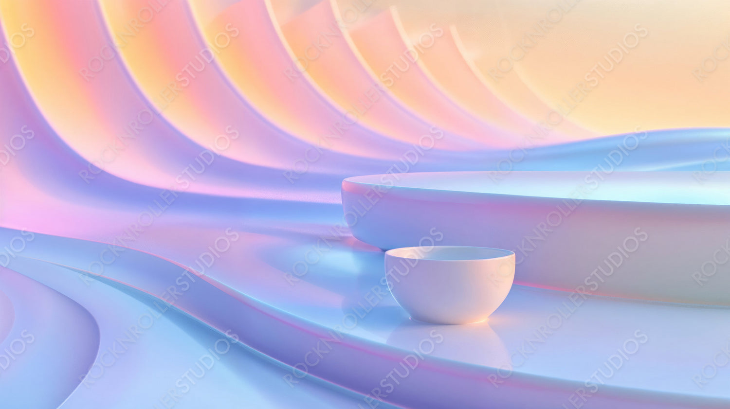 Abstract pastel wave pattern background with a smooth white cup
