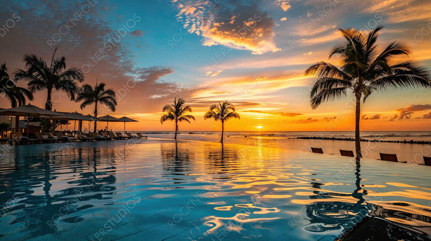 Tropical Resort Infinity Pool with Sunset View, Palm Trees and Ocean Horizon